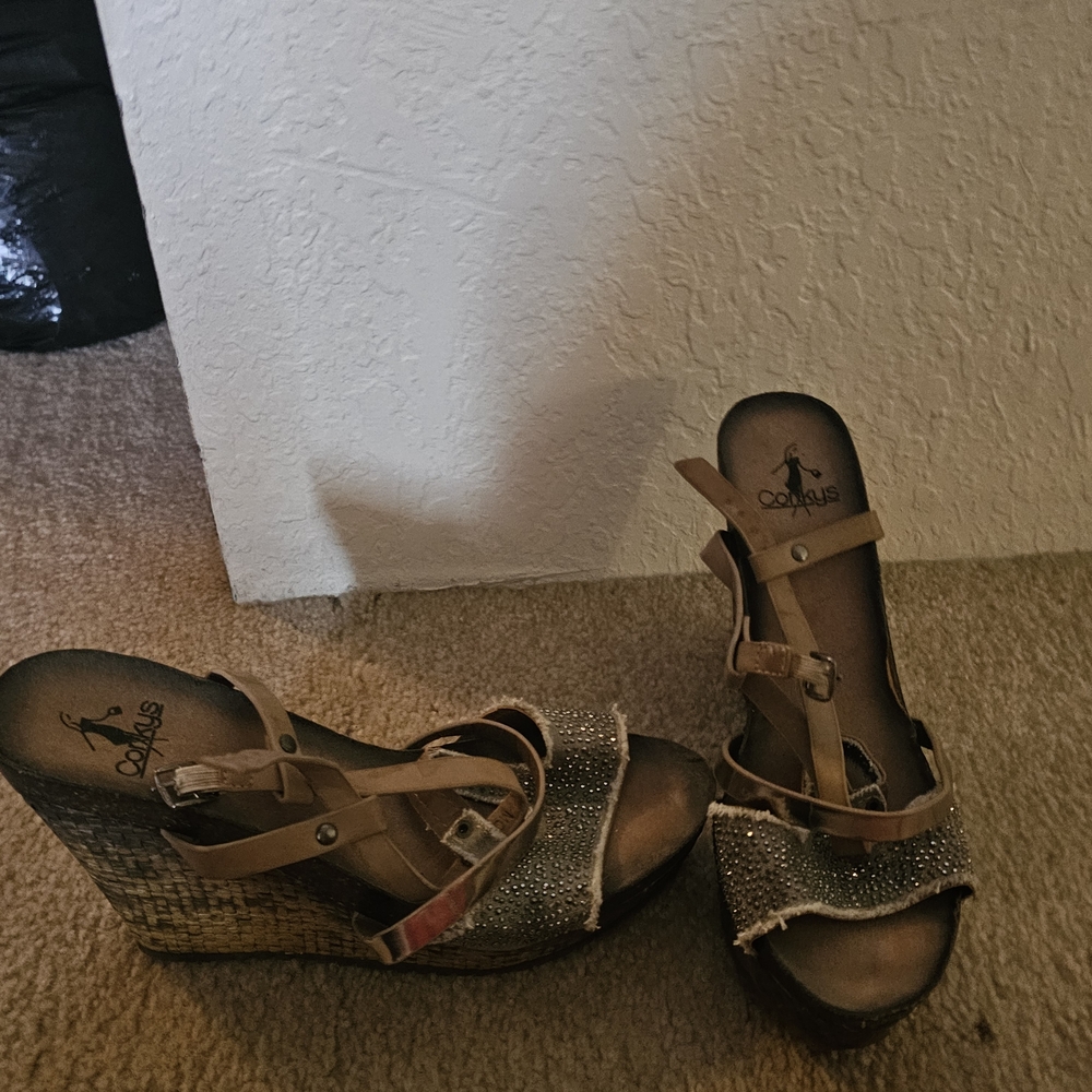 Corkys Tan and Silver Wedge Heels